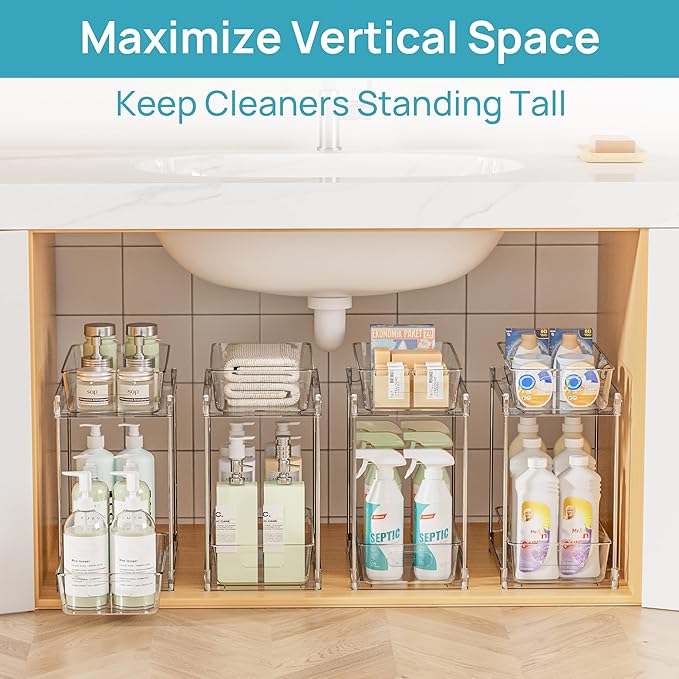 Vtopmart 4 Pack Higher Bathroom Organizer, 2 Tier White Under Sink Organizers Vanity Countertop Storage Container,Cabinet Drawers Bins, Pull-Out Organization with Track for Pantry, Kitchen - Image 9