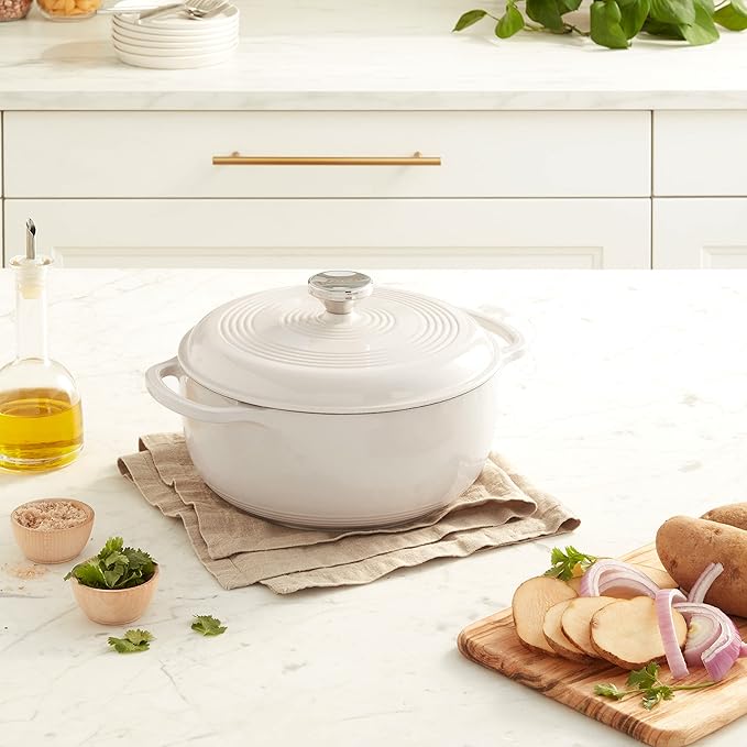Lodge 4.5 Quart Enameled Cast Iron Dutch Oven with Lid – Dual Handles – Oven Safe up to 500° F or on Stovetop - Use to Marinate, Cook, Bake, Refrigerate and Serve – Oyster White - Image 8