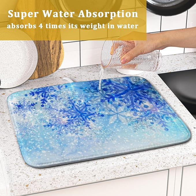 Giwawa 16"x18" Winter Blue Snowflakes Dish Drying Mat Christmas Snow Falling Nature Ice Dish Drainer Mats for Kitchen Microfiber Reversible Dish Drying Rack Pad for Countertop Tabletop Decor