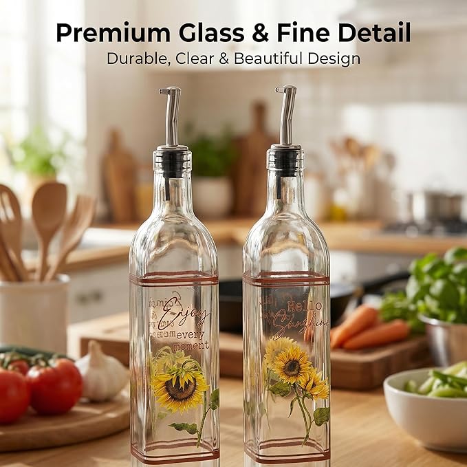 Topadorn 17 oz Olive Oil Dispenser Bottle Set for Kitchen, 2 Pcs Glass Oil Dispenser Bottle with Stainless Steel Pourers, 2 Packs of Napkins, Sunflower