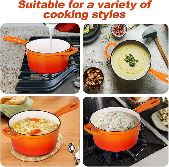HaSteeL 1 QT Cast Iron Saucepan, Mini Enamel dutch oven with lid, Small Non Stick Pan for Milk, Pasta Tomato Sauce, Butter, Breakfast, Soup, Suitable for Boiling Stewing Frying, Easy to Clean, Orange