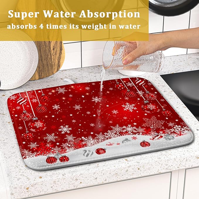 Giwawa Xmas Balls Dish Drying Mat for Kitchen Countertop Winter Red White Snowflakes Dish Drainer Mats 16x18inch Reversible Dish Drying Rack Pad Protector for Dining Holiday New Year Decor