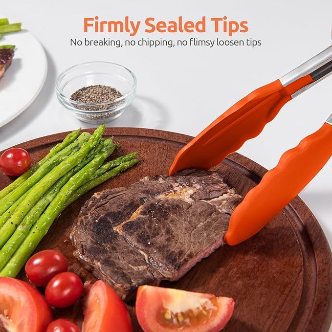 600ºF Heat Resistant Kitchen Tong: U-Taste 7 inch Silicone Cooking Tong with Firm Sealed Non Stick Rubber Tips & Silicon Coated 18/8 Stainless Steel Handle & Smooth Locking for Serving Salad (Orange) - Image 9