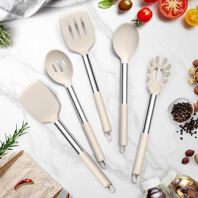 TeamFar Cooking Utensils Set, 5 PCS Silicone Kitchen Utensils with Stainless Steel Handle for Nonstick Cookware Turning Flipping Frying Draining, Heatproof & Healthy, Nonstick & Easy Clean, Khaki - Image 7