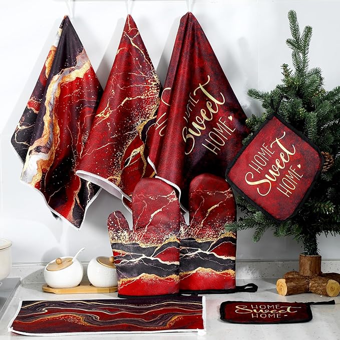 Leinuosen 8 Pcs Burgundy Marble Kitchen Towels and Dishcloths Sets Oven Mitts and Pot Holders Sets Absorbent Kitchen Gloves Potholders Heat Resistant for Chef Baking Cooking