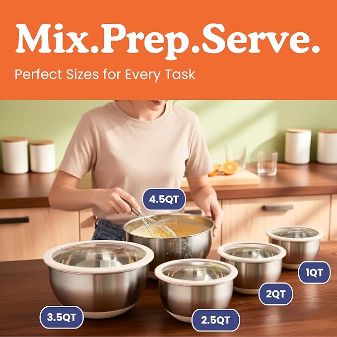 Ziruma Non-Toxic Mixing Bowls with Lids Set, Stainless Steel & Glass, 5 Pcs Plastic Free Bowls with Silicone Non-Slip Base, Dishwasher Safe Mixing Bowl Set - Image 7