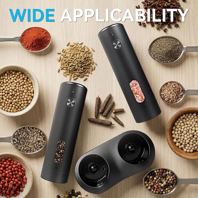 Electric Salt and Pepper Grinder Set with Dual Charging Base, Rechargeable Automatic Pepper Mill, 110ml Large Capacity, Adjustable Coarseness, One-Handed Operation for Kitchen, BBQ, Gift