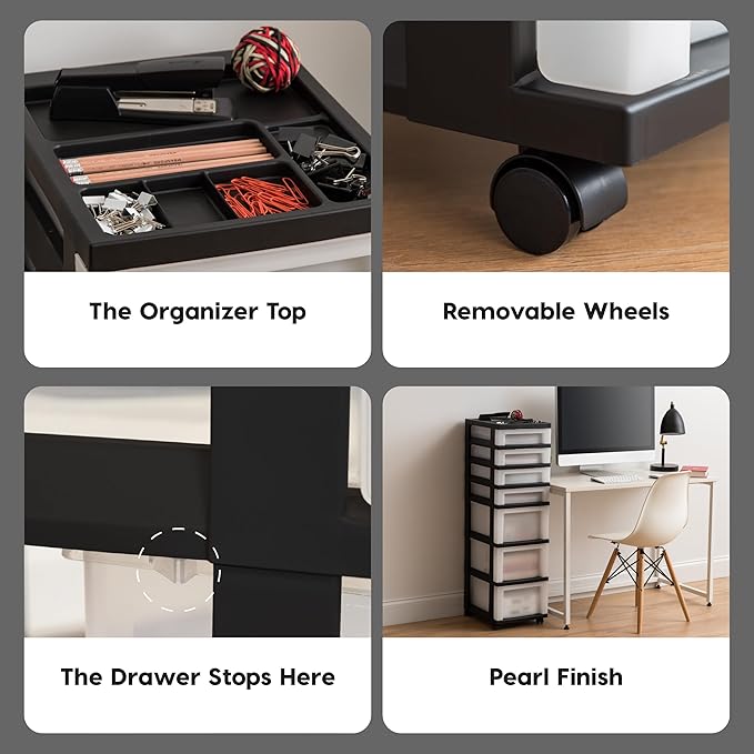 IRIS USA Plastic Drawer Storage Organizer Rolling Cart, with Wheels Casters, 7-Drawers, for Classroom Art Craft Supplies Dresser Closet Bathroom Laundry Room, Black/Pearl - Image 8