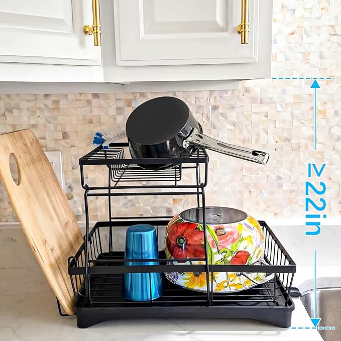7 code Large Dish Drying Rack for Kitchen Counter, Detachable Large Capacity Dish Drainer Organizer, 2-Tier Dish Racks with Utensil Holder, Black - Image 7
