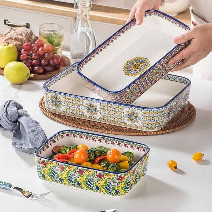Casserole Dishes for Oven, Ceramic Baking Dishes Set of 3, Rectangular Lasagna Pans, Ceramic Bakeware Set for Baking, Roasting and Serving - Boho Style - Image 8
