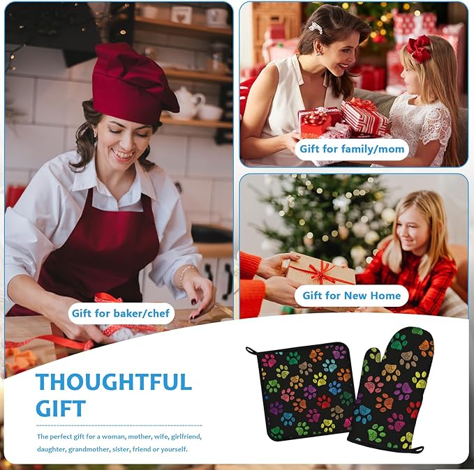 Colorful Paw Print Oven Mitts and Pot Holders Sets Heat Resistant 4Pcs Potholders Oven Gloves Hot Pads for Kitchen Baking Cooking Grilling BBQ