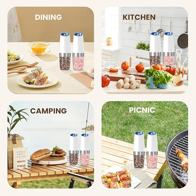 Gravity Electric Salt And Pepper Grinder Set, Automatic Salt And Pepper Grinder Set, Battery Powered (6 AAA Batteries Each), Adjustable Roughness, LED Light, 2 Pack, (White) - Image 7