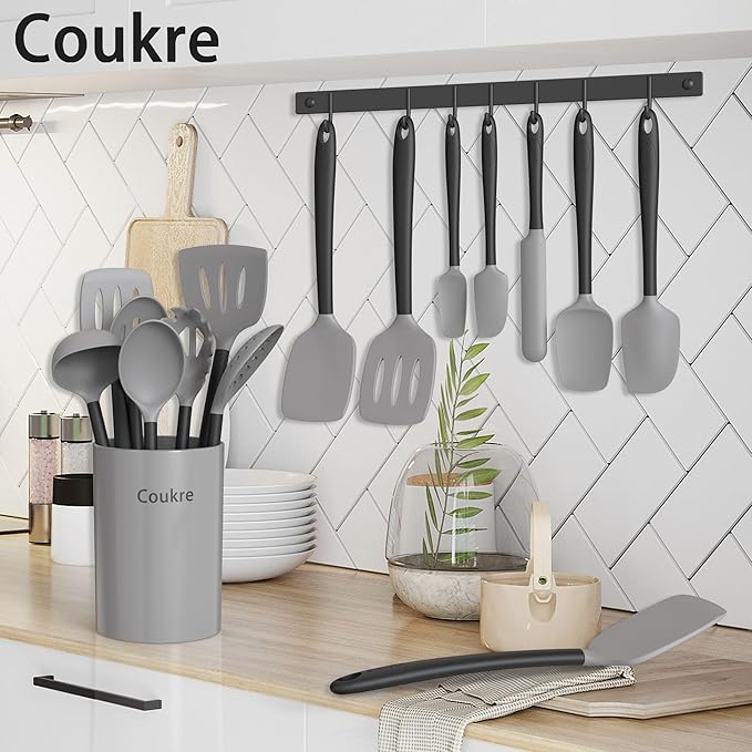 Coukre Silicone Kitchen Cooking Utensils Set with Holder – Heat-Resistant, Food-Grade Kitchen Tools, Spatula, Spoon & Gadgets for Non-Stick Pans, Dishwasher Safe (14, Gray) - Image 6