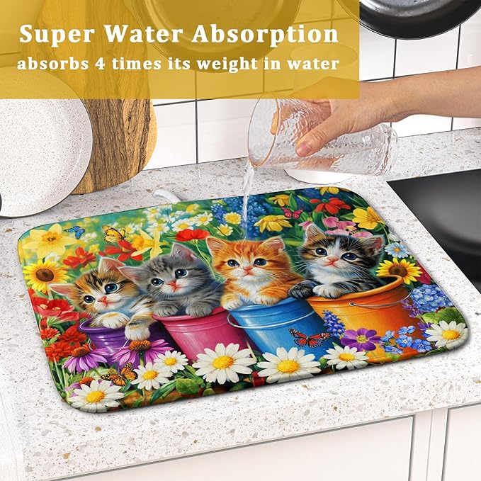 Funny Absorbent Dish Drying Mat Spring Cat Dish Drying Mats for Kitchen Counter Small - Image 7
