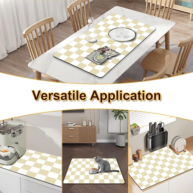 Dish Drying Mat for Kitchen Counter, 16.5’’ X 27.6’’ Checkered Large Coffee Station Mat, Super Absorbent Fit Under Coffee Maker Pad, Espresso Machine Mats, Drainer Mat Easy Clean, Beige & White