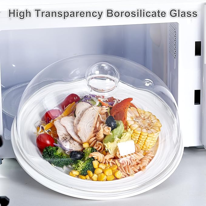 10 Inch Borosilicate Glass Microwave Splatter Cover for Food, All Glass Tall Splatter Guard Microwave Plate Light Serving Dish Covers Lid with Handle for Heating Food