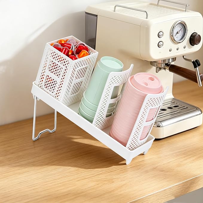 Coffee Cup Dispenser with Straws Holder, Plastic Coffee Cup and Lid Holder, 5-20oz Disposable Paper Cups Organizer for Countertop, Station, Bar, Office, Restaurant, Breakroom (White)