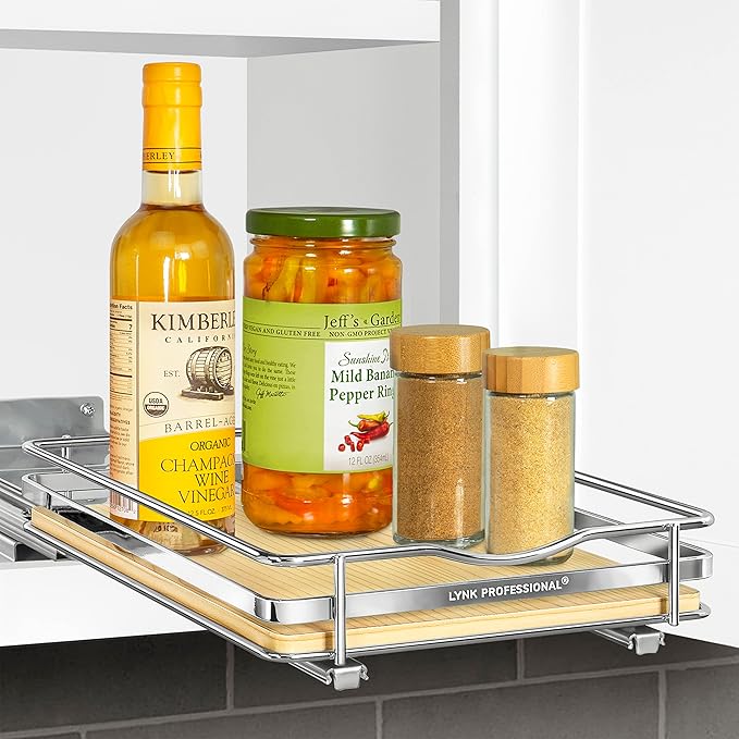 LYNK PROFESSIONAL® Élite™ Pull Out Spice Organization for Cabinets - 8-3/8 inch Wide – Spice Rack for Inside Cabinets – Wood/Chrome - Sliding Spice Rack Organizer for cabinet – Spice Rack - 1 Tier - Image 8