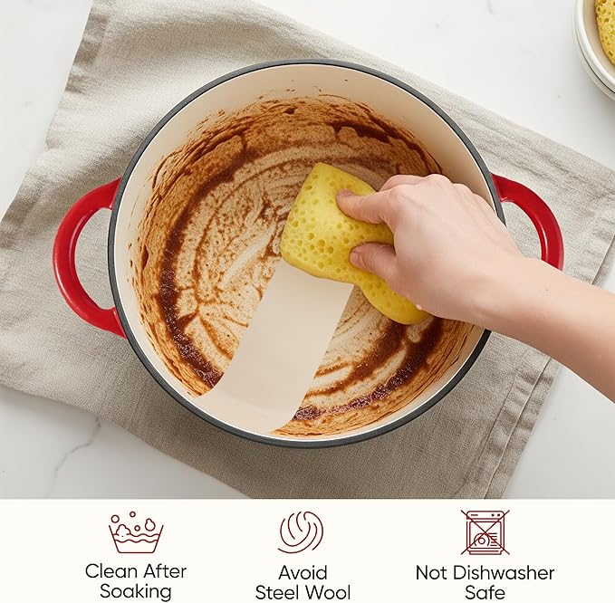 6 Quart Dutch Oven Pot with Lid, Non Stick Enameled Cast Iron Dutch Oven for Bread Baking, Heavy-Duty, Oven Safe Ceramic Cookware Up to 500°F for Baking, Braising, Stews, Roasting, Red - Image 7