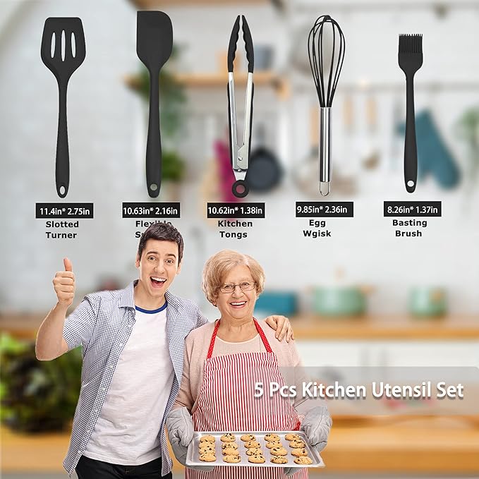 Silicone Kitchen Cooking Utensils Set Kitchen Spatula Set with Holder,5 pcs Heat Resistant Silicone Kitchen Utensils Gadgets Tools Set for Nonstick Cookware,Dishwasher Safe (Black) - Image 7