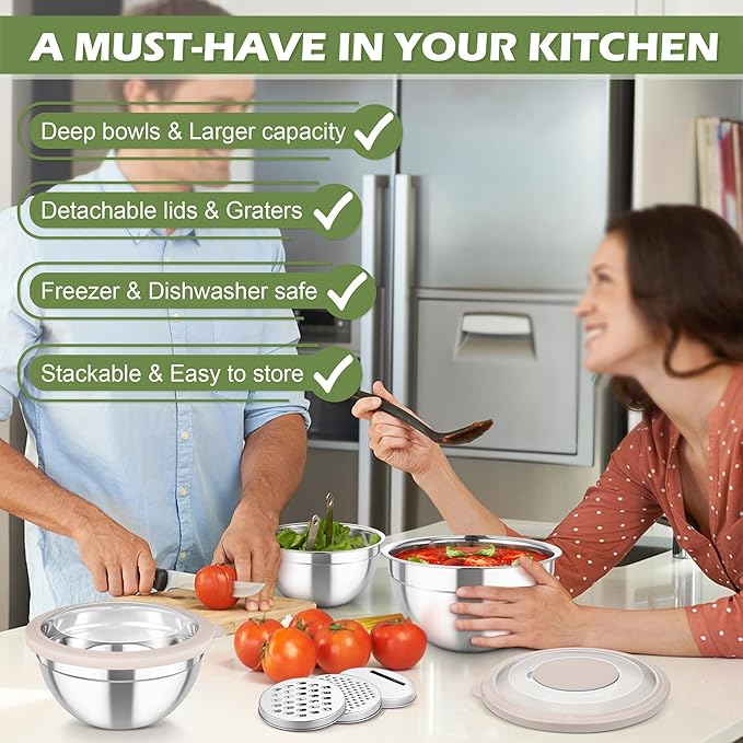 TeamFar Mixing Bowls, 3PCS Stainless Steel Serving Salad Bowls with Lids & 3 Graters, For Kitchen Mixing/Baking/Storing/Prepping, Visible & Airtight, Easy Clean - 4.5/3 / 1.5 QT, Khaki - Image 8