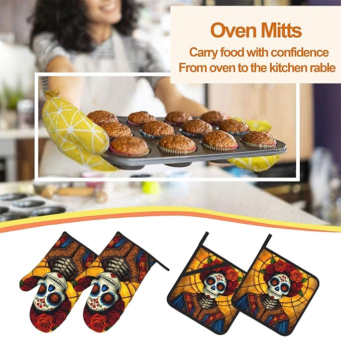 Flower Skull Oven Mitts with Matching Potholders - Heat Resistant Kitchen Accessories for Baking, Grilling, Cooking, Gifts for Women