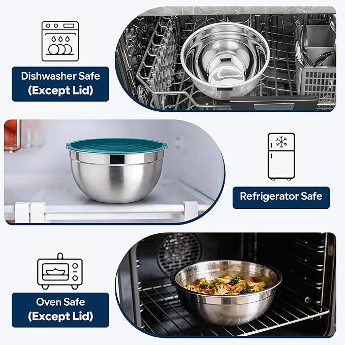 E-far Mixing Bowls With Lids Sets of 5, 10-Piece Stainless Steel Salad Metal Nesting Bowl for Baking Cooking and Prepping, Airtight Lid & Stackable Design, Size 4.6, 3, 2.1, 1.5, 0.7 QT, Blue - Image 7