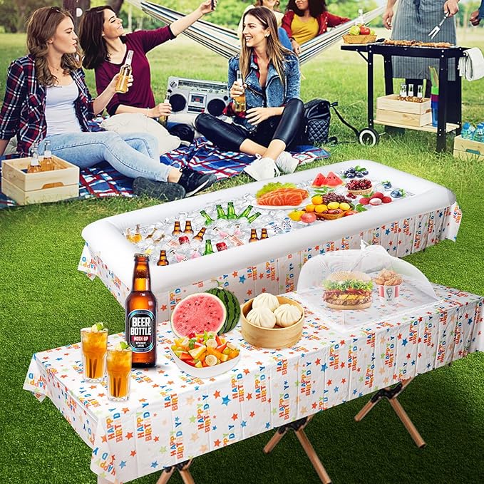 8Pack Party Supplies (food covers*3, tablecloth*1, Inflatable Serving Bars*1,Ice Bag*2, Pump*1),Pool Party Buffet Drink Cooler, Ice Tray Food Drink Containers for BBQ Picnic Pool Garden Party Wedding - Image 7