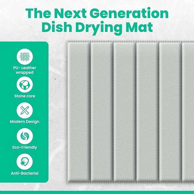 25" x 15" Large Stone Dish Drying Mat for Kitchen Counter Sink - Quick Dry Super Absorbent Diatomaceous Earth Pad for Dishes, Mats for Bathroom - Absorbing Mats - Gray