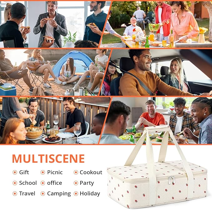 Insulated Casserole Carrier for Hot or Cold Food,Pie Carrier Bag Lunch Bag Tote for Potluck Parties/Picnic/Cookouts, Fits 9"x13" Baking Dish,Single Corduroy Strawberry