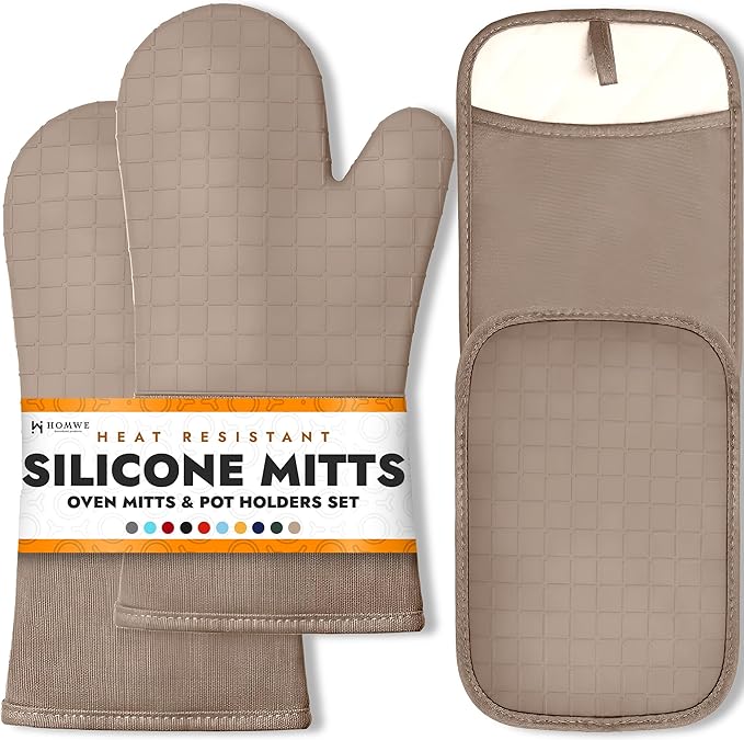 HOMWE Silicone Oven Mitts and Pot Holders, 4-Piece Set, Heavy Duty Cooking Gloves, Kitchen Counter Safe Trivet Mats, Advanced Heat Resistance (Beige, Oven Mitt & Pot Holder) by HOMWE