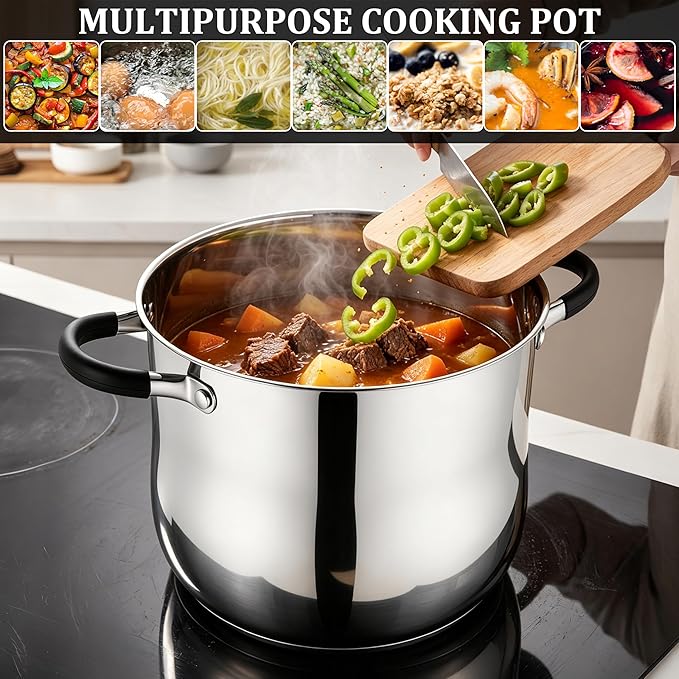E-far 10 Quart Stock Pot, Stainless Steel Pot for Cooking Soup Simmering Stew, Tall Induction Pot with Visible Lid, Large Pot w/Tri-Ply Base & Dual Heat Proof Handles, Non-Toxic & Dishwasher Safe - Image 8