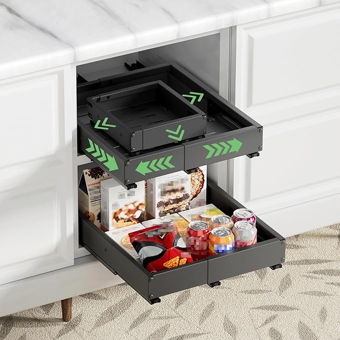 2 Pack Pull out Cabinet Organizer, Width (10"-15") Depth (11"-17"), with 3 Rails Adjustable Slide, Expandable Drawers for Cabinets, No Drill Adhesive Kitchen Drawers for Pantry Shelves black - Image 7
