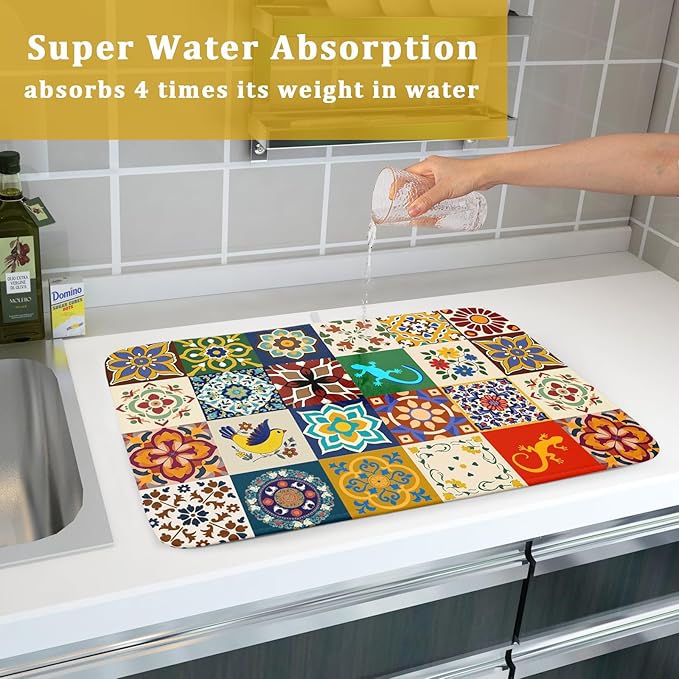 Giwawa Mexican Tile Dish Drying Mat 18"x24" Talavera Boho Floral Print Dish Drainer Mats Rustic Ethnic Traditional Reversible Large Dish Drying Pad Protector for Kitchen Countertop Decor