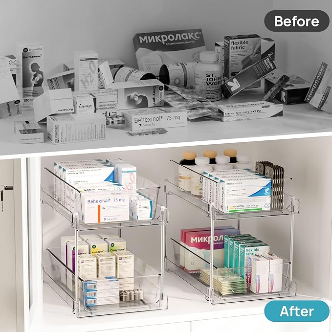 Vtopmart 6 Pack Bathroom Organizer, 2 Tier Clear Under Sink Organizers Vanity Countertop Storage Container,Cabinet Drawers Bins, Pull-Out Organization with Track for Pantry, Kitchen - Image 6