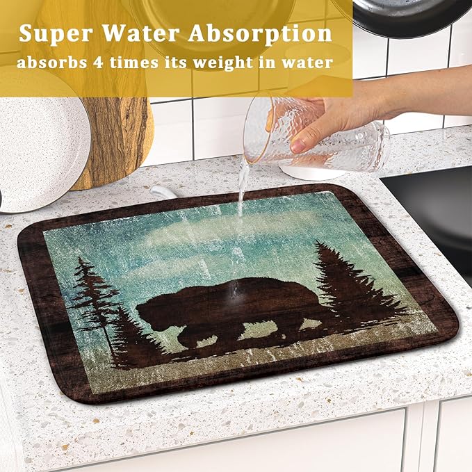Giwawa Retro Brown Bear Forest Cabin Dish Drying Mat Countertop 16x18 Fall Blue Sky Cloud Cartoon Wild Animal Bushes Drainer Mat Pine Tree Grass Dishes Pad Rustic Floral Dish Drainer Rack