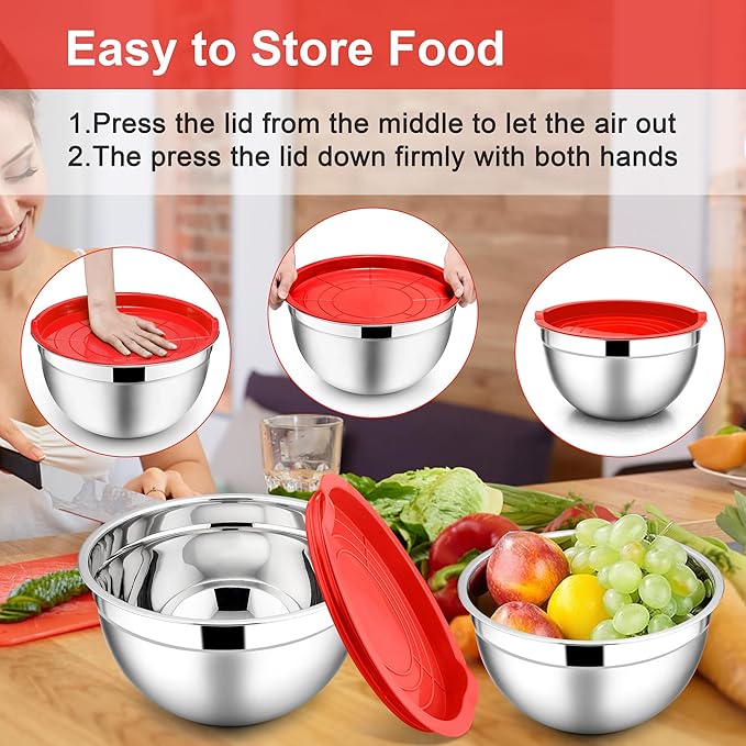 E-far Mixing Bowls with Lids, 6-Piece Stainless Steel Salad Bowls Metal Nesting Bowls for Baking Cooking and Prepping, Airtight Lids & Stackable Design, Size 4.5, 3, 1.5 QT (Red) - Image 7