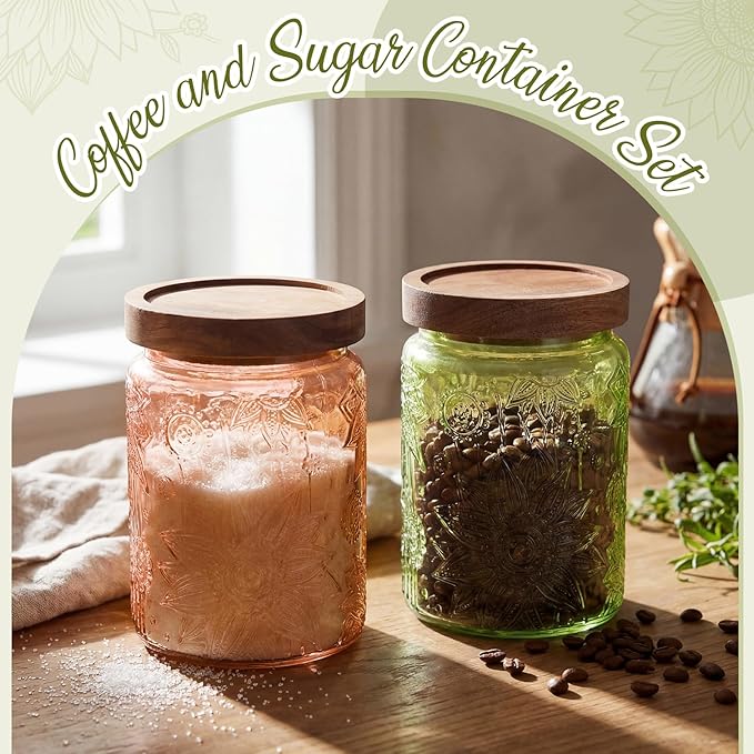 Willinglong 2 Pack 23.7oz Colored Vintage Glass Storage Jars with Wooden Lids Embossed Floral Decorative Canisters for Kitchen Countertop Airtight Container for Sugar Cookie Coffee Tea(Green, Brown) - Image 6