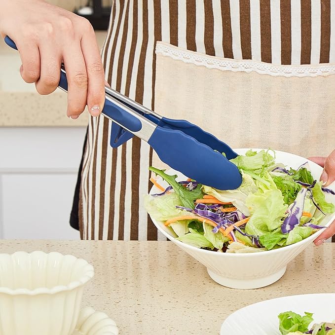 Silicone Tongs for Cooking, 3Pcs Stainless Steel Kitchen Tong with Silicone Tips, Heat Resistant Food Grade Small Serving Tong for BBQ Salad, Blue(7"+9"+12")