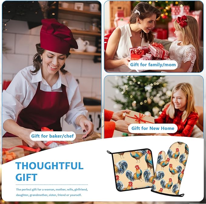 Watercolor Rooster Oven Mitts and Pot Holders Sets Heat Resistant 4Pcs Potholders Oven Gloves Hot Pads for Kitchen Baking Cooking Grilling BBQ