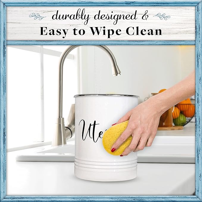 Home Acre Designs Vintage Farmhouse Utensil Holder - Stylish Countertop Organizer and Kitchen Decor Caddy - Stainless Steel Rim - White - Image 9