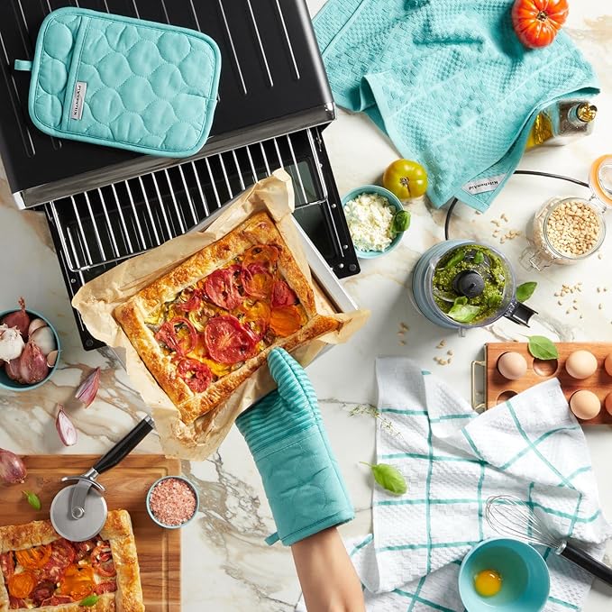 KITCHENAID Quilted Cotton Terry Cloth Oven Mitt, Pot Holder, Kitchen Towel 4-Pack Set, Heat Resistant, Silicone Grip, 16"x26", 7"x13" & 7"x10", Aqua Sky - Image 10