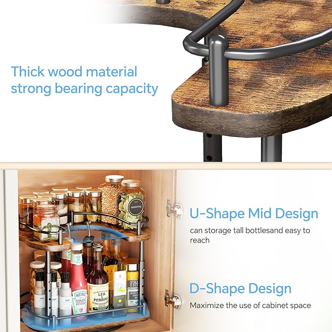 Lazy Susan Organizer Spice Rack - Spice Organization for Cabinet Height Adjustable Rotating Lazy Turntable, Pantry Kitchen Wood Revolving Seasoning Organizer (Vintage, 12 Inch) - Image 9