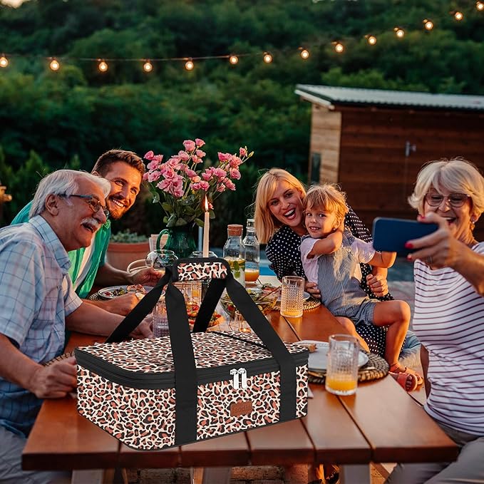 Insulated Casserole Carrier Bag, Expandable Thermal Food Carrier Insulated Travel Carry Bag for Hot or Cold Food for Picnic Cookouts Potluck Parties Fits 9" x 13" Baking Dish (Leopard)