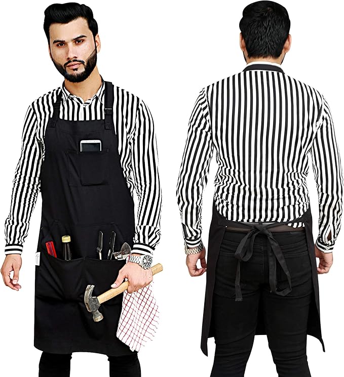RUVANTI Work Aprons for Men/Women with Pockets - Adjustable up to XXL - Professional Grade Durability - Black Apron for Barber, Chef, BBQ, Kitchen, Cleaning - 1 Pack