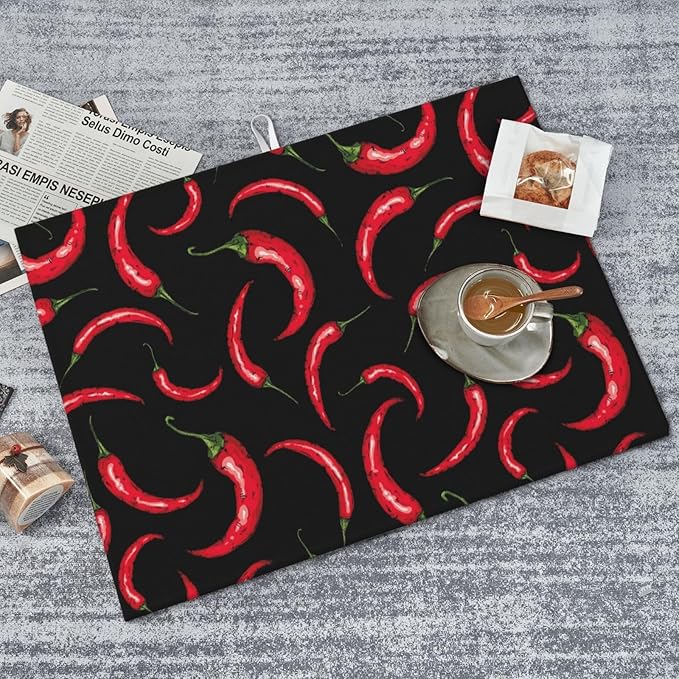 Chili Pepper Dish Drying Mat Red Hot Chili Pepper Black Drying Rack Pad Countertop Dishes Ultra Absorbent Microfiber Kitchen Counter Mat 18x24 Inch