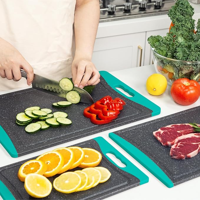 Extra Large Cutting Boards, Plastic Cutting Boards for Kitchen (Set of 3) Cutting Board Set Dishwasher Chopping Board with Juice Grooves Easy-Grip Handles, Turquoise, Empune - Image 7