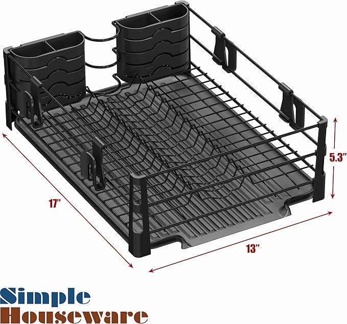 Simple Houseware Dish Drying Rack with Drainboard, Utensil Holder & Mug Hooks, Black Metal Kitchen Counter Organizer - Image 8