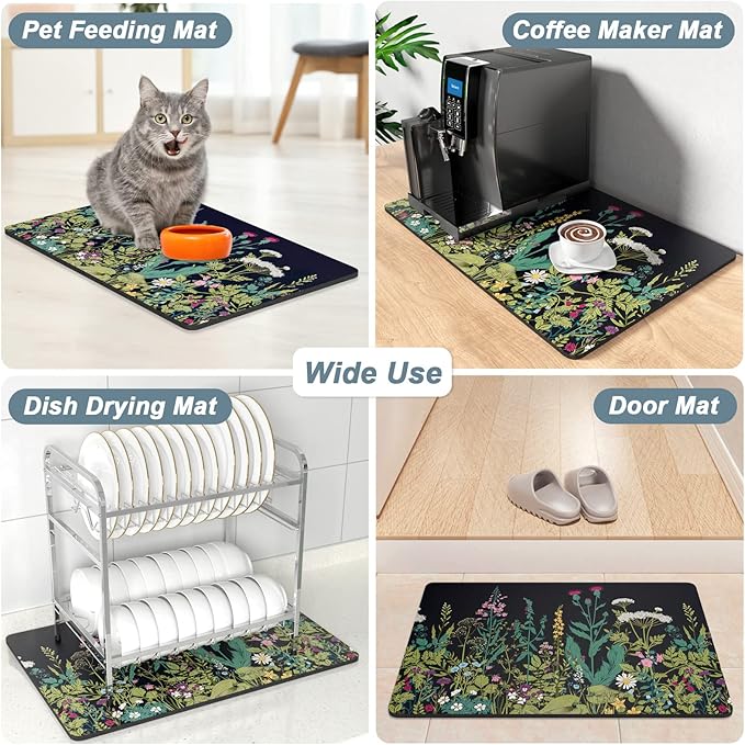 Rnivvi Coffee Mat, 12" x 19" Cute Flower Theme Coffee Bar Mats for Espresso Machine Station Accessories and Organizer, Hide Stain Rubber Backed Absorbent Dish Drying Pad for Kitchen Counter, Black - Image 7