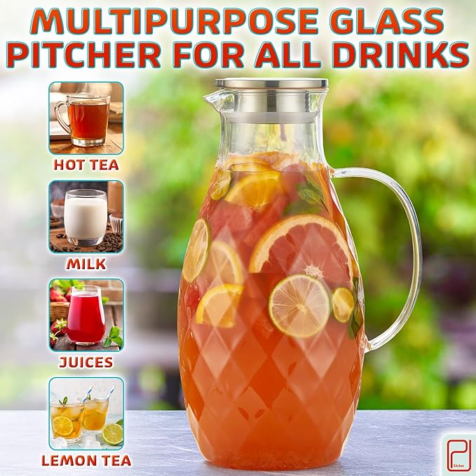Premium Borosilicate Glass Pitcher with Lid and Spout - 3 Liter / 100 oz, Borosilicate Glass with Handle - Carafe for Hot/Cold Beverages - Water Jug - Iced Tea Pitcher - Juice Server